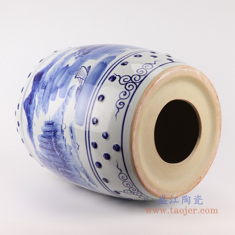 青花山水鼓凳子凉墩;产品编号:RYLL41 产品尺寸(单位cm): 高:43直径:35口径:底径:26重量:KG