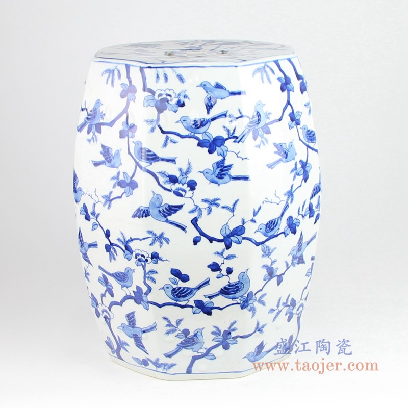 青花花鸟铜钱孔鼓凳子凉墩;产品编号:RYLU203 产品尺寸(单位cm): 高:43直径:35口径:底径:27重量:KG