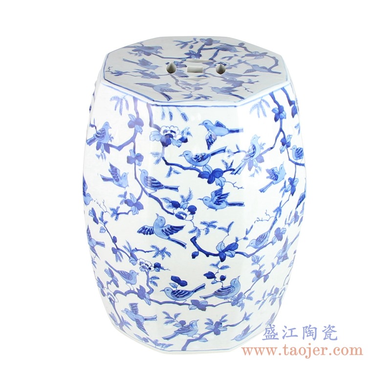 青花花鸟铜钱孔鼓凳子凉墩;产品编号:RYLU203 产品尺寸(单位cm): 高:43直径:35口径:底径:27重量:KG
