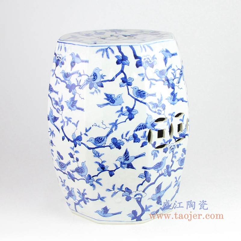 青花花鸟铜钱孔鼓凳子凉墩;产品编号:RYLU203 产品尺寸(单位cm): 高:43直径:35口径:底径:27重量:KG