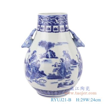 RYUJ21-B    青花人物双耳鹿耳福桶        高：29直径：24口径：底径：12.7重量：2.85KG