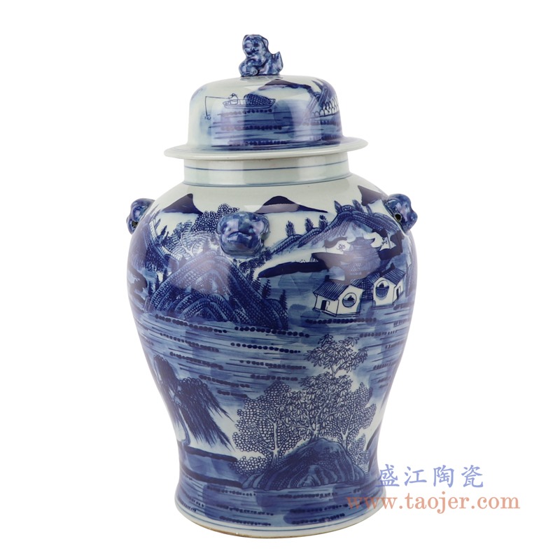 青花狮子头山水将军罐;产品编号:RYWD34-A 产品尺寸(单位cm): 高:39直径:22.5口径:底径:17重量:3.6KG