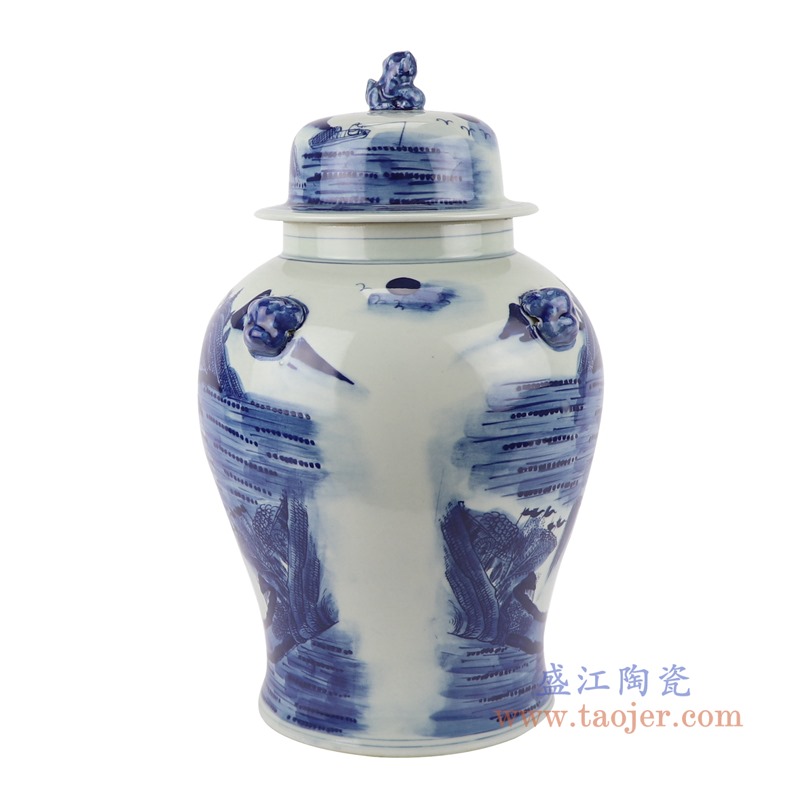 青花狮子头山水将军罐;产品编号:RYWD34-A 产品尺寸(单位cm): 高:39直径:22.5口径:底径:17重量:3.6KG