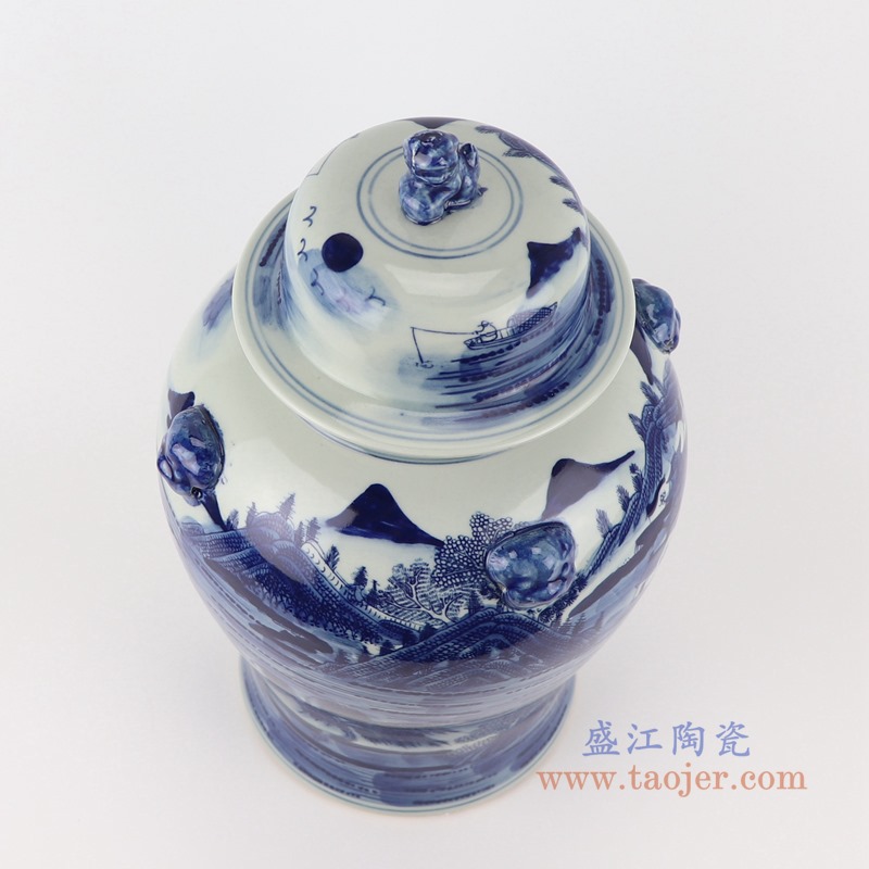 青花狮子头山水将军罐;产品编号:RYWD34-A 产品尺寸(单位cm): 高:39直径:22.5口径:底径:17重量:3.6KG