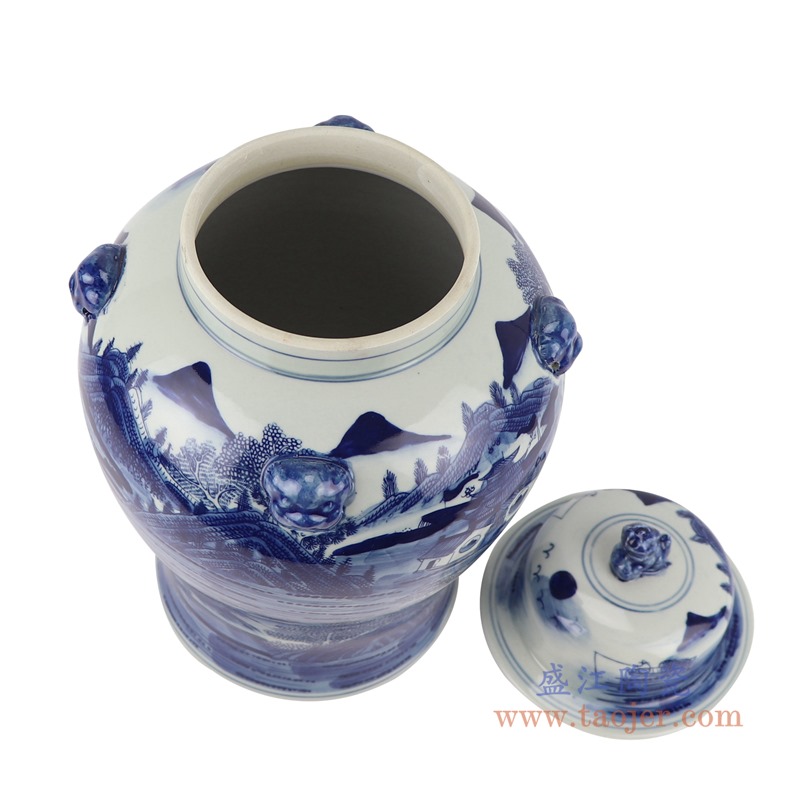 青花狮子头山水将军罐;产品编号:RYWD34-A 产品尺寸(单位cm): 高:39直径:22.5口径:底径:17重量:3.6KG