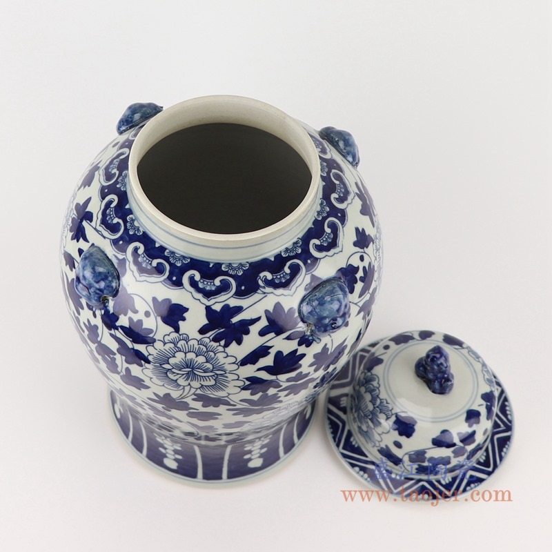 青花缠枝牡丹纹狮子头将军罐;产品编号:RYWD34-B 产品尺寸(单位cm): 高:39直径:22.5口径:底径:17重量:3.6KG