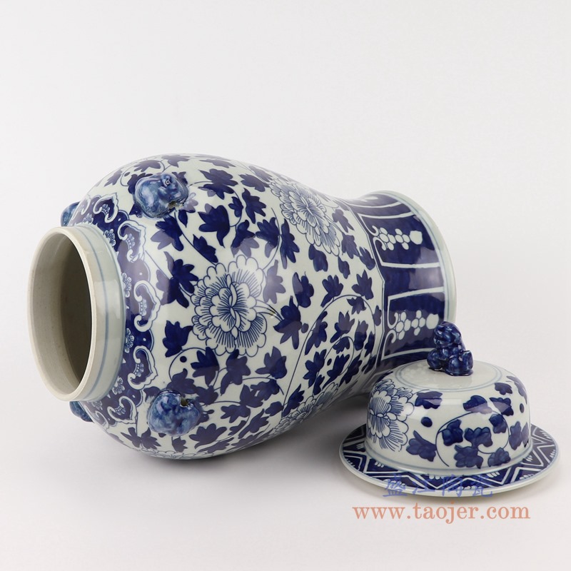 青花缠枝牡丹纹狮子头将军罐;产品编号:RYWD34-B 产品尺寸(单位cm): 高:39直径:22.5口径:底径:17重量:3.6KG