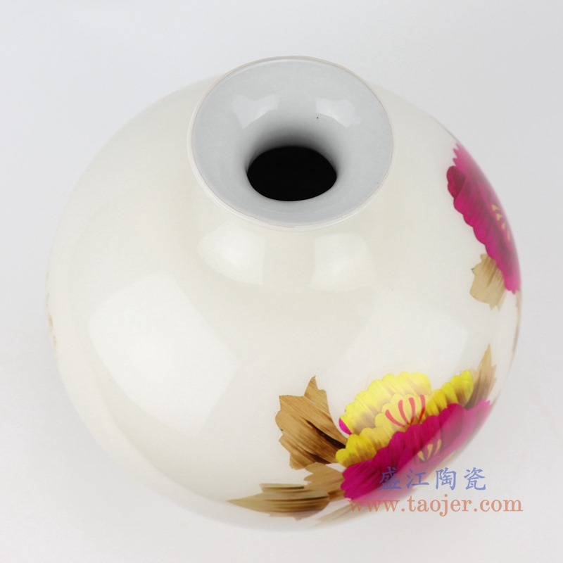 白色白底牡丹纹麦秆花瓶石榴瓶;产品编号：RYXF21-D       产品尺寸(单位cm):  高：30直径：25口径：底径：13重量：3.4KG