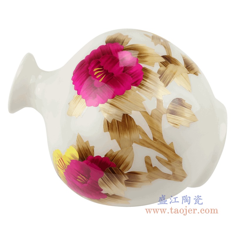 白色白底牡丹纹麦秆花瓶石榴瓶;产品编号：RYXF21-D       产品尺寸(单位cm):  高：30直径：25口径：底径：13重量：3.4KG