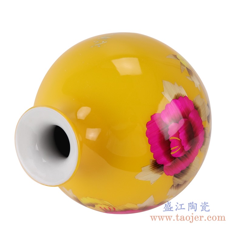 黄色黄底牡丹纹麦秆花瓶石榴瓶;产品编号：RYXF21-E       产品尺寸(单位cm):  高：30直径：25口径：底径：13重量：3.4KG