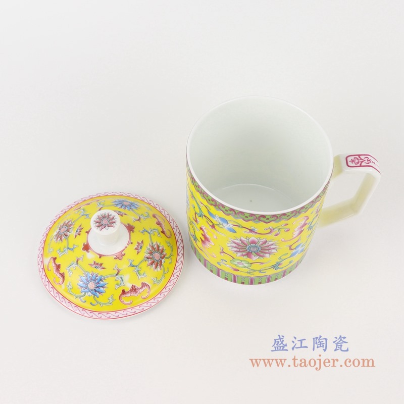 珐琅彩黄色黄底缠枝莲办公杯;产品编号：RYYY49-A       产品尺寸(单位cm):  高：15直径：13口径：底径：7.5重量：0.35KG
