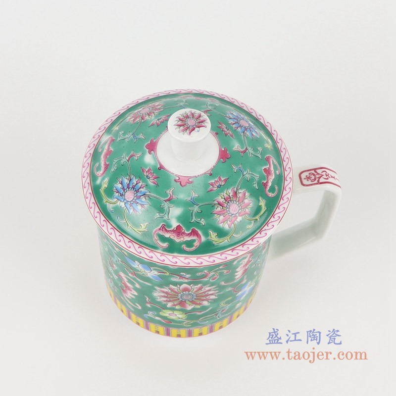 珐琅彩绿色绿底缠枝莲办公杯;产品编号：RYYY49-B       产品尺寸(单位cm):  高：15直径：13口径：底径：7.5重量：0.35KG