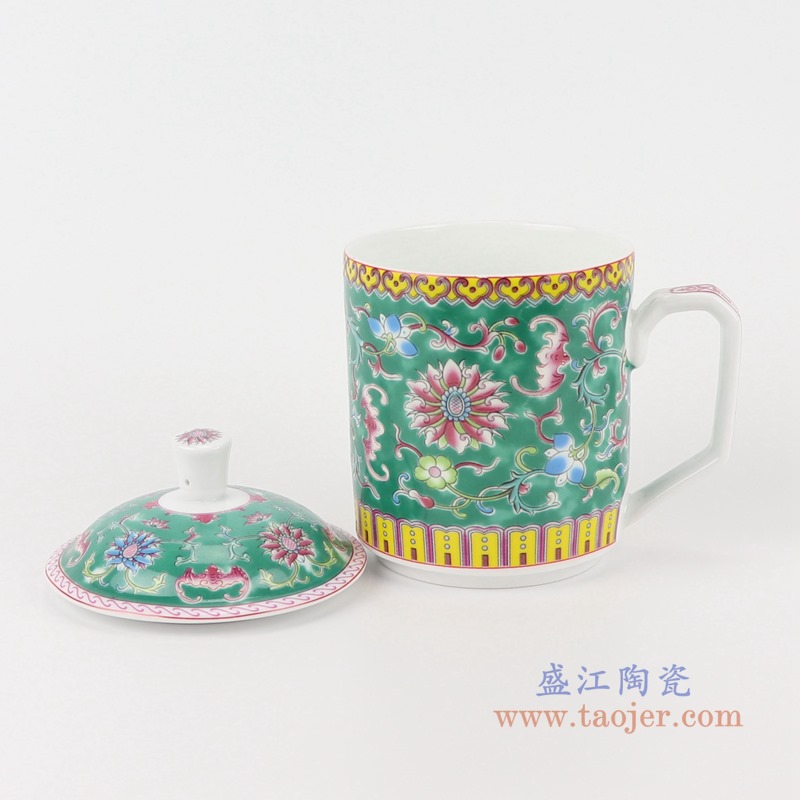 珐琅彩绿色绿底缠枝莲办公杯;产品编号：RYYY49-B       产品尺寸(单位cm):  高：15直径：13口径：底径：7.5重量：0.35KG