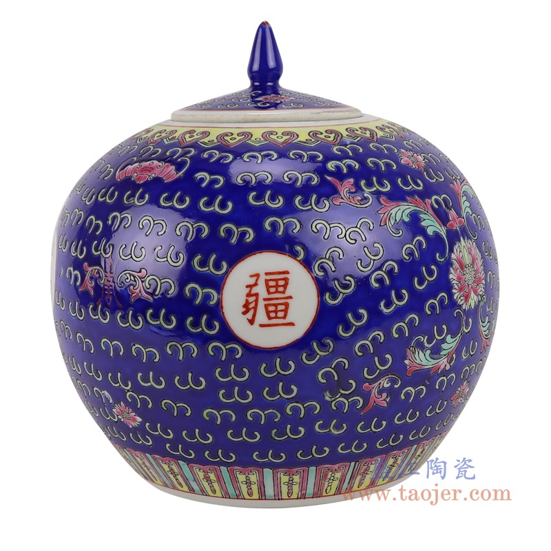 粉彩万寿无疆深蓝蓝底尖盖西瓜罐;产品编号:RZBU10 产品尺寸(单位cm): 高:22直径:22口径:底径:15重量:2.3KG