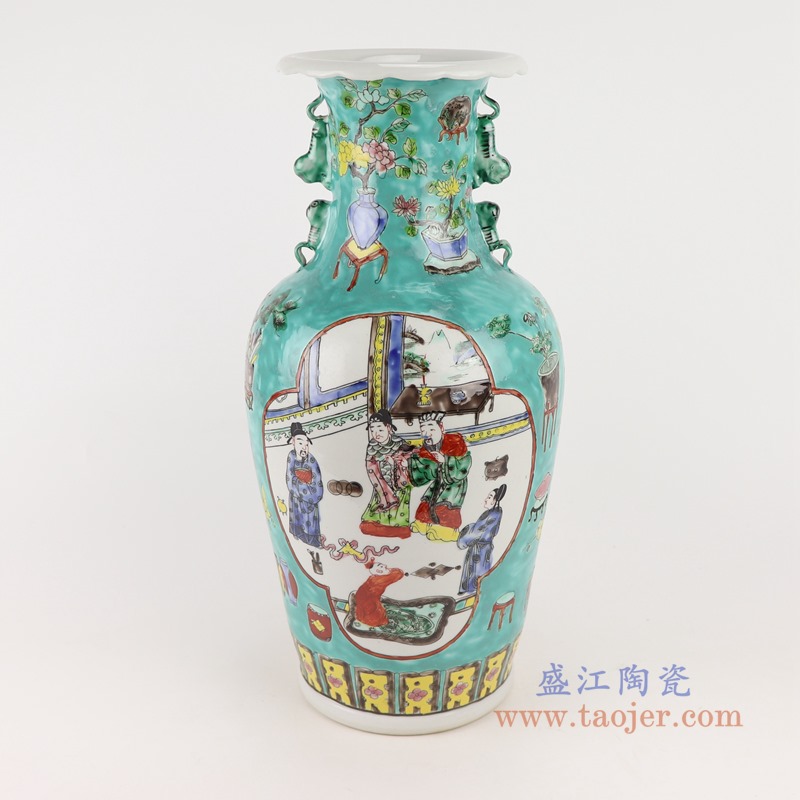 粉彩绿色绿底开窗人物四耳鱼尾瓶;产品编号：RZFA29       产品尺寸(单位cm):  高：42.3直径：20.5口径：底径：14.5重量：3.5KG