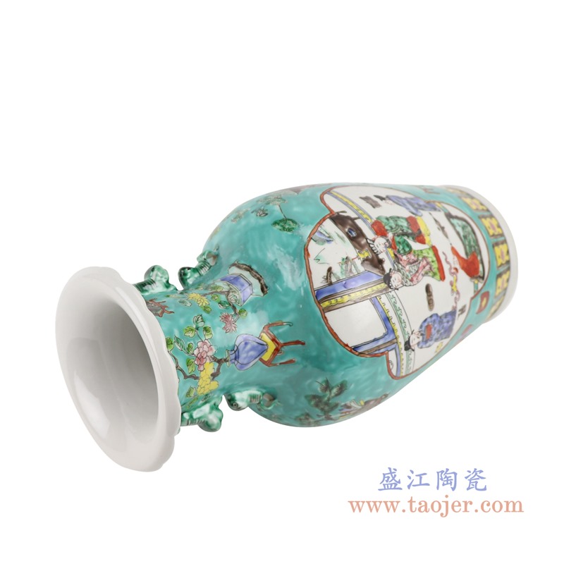 粉彩绿色绿底开窗人物四耳鱼尾瓶;产品编号：RZFA29       产品尺寸(单位cm):  高：42.3直径：20.5口径：底径：14.5重量：3.5KG