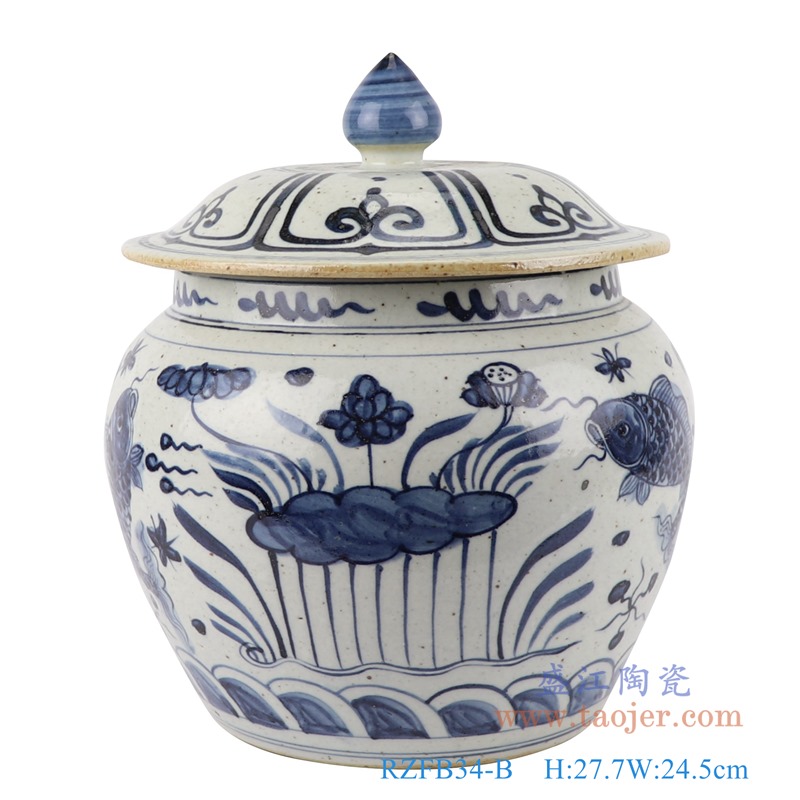 青花山水盖罐储物罐;产品编号：RZFB34-A       产品尺寸(单位cm):  高：27.7直径：24.5口径：底径：16.5重量：4.35KG
