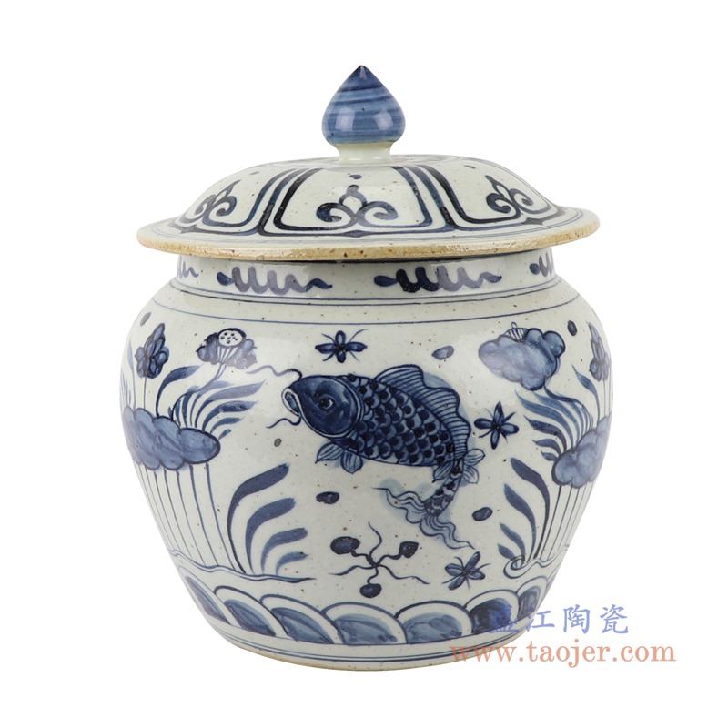 青花山水盖罐储物罐;产品编号：RZFB34-A       产品尺寸(单位cm):  高：27.7直径：24.5口径：底径：16.5重量：4.35KG