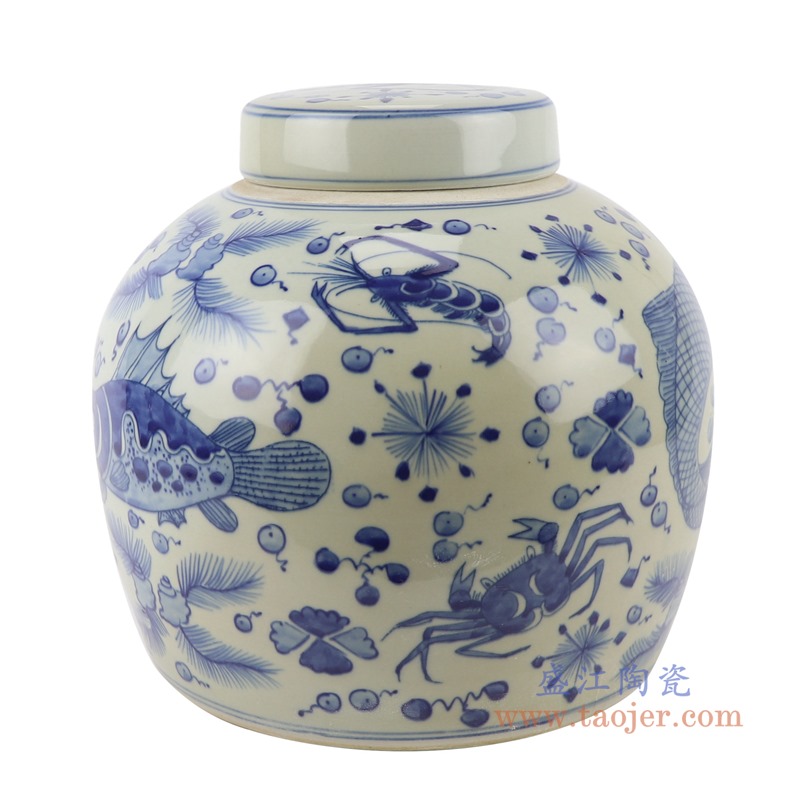 青花鱼藻纹眀罐储物盖罐坛子;产品编号：RZKY30       产品尺寸(单位cm):  高：23.5直径：25.4口径：底径：21重量：4.55KG