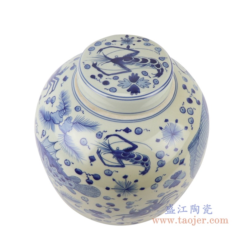 青花鱼藻纹眀罐储物盖罐坛子;产品编号：RZKY30       产品尺寸(单位cm):  高：23.5直径：25.4口径：底径：21重量：4.55KG