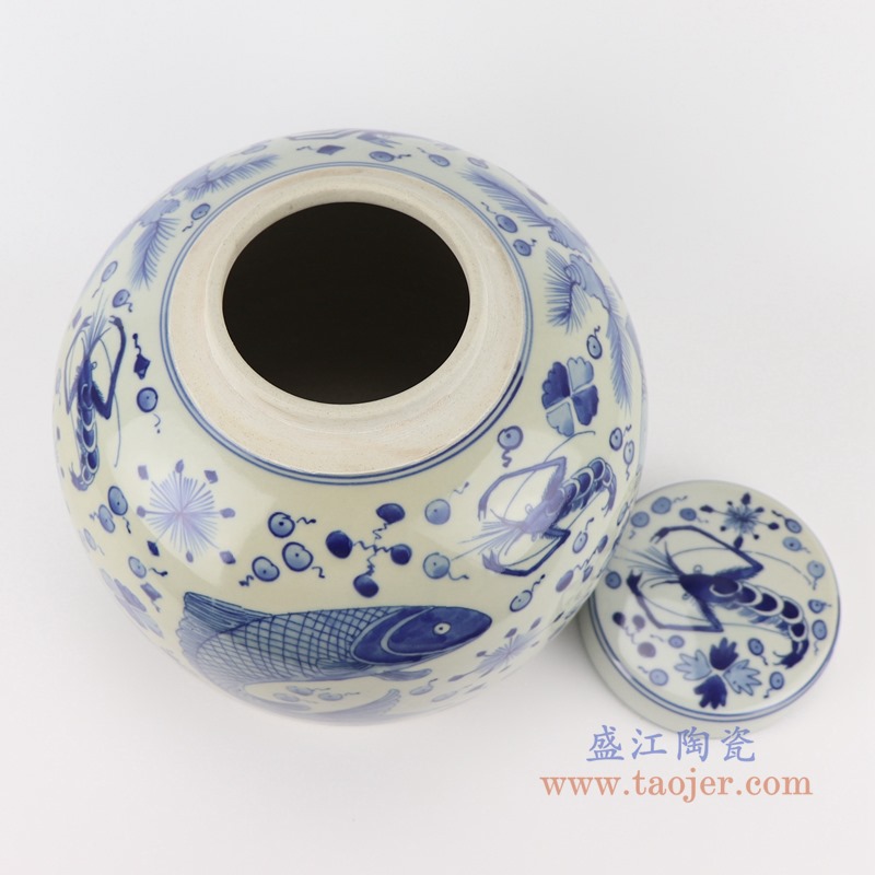 青花鱼藻纹眀罐储物盖罐坛子;产品编号：RZKY30       产品尺寸(单位cm):  高：23.5直径：25.4口径：底径：21重量：4.55KG