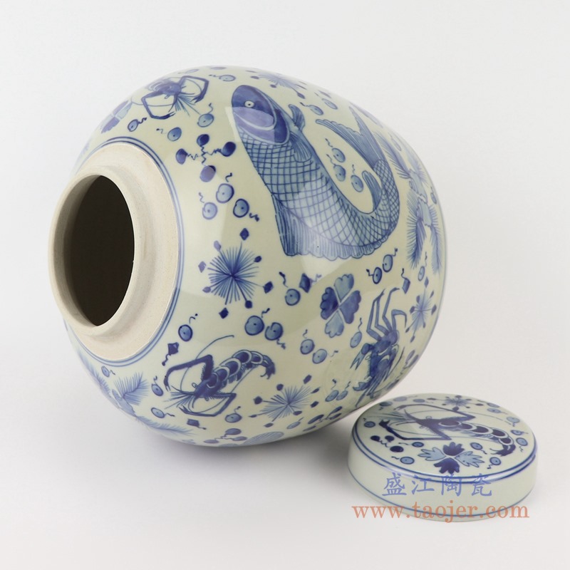 青花鱼藻纹眀罐储物盖罐坛子;产品编号：RZKY30       产品尺寸(单位cm):  高：23.5直径：25.4口径：底径：21重量：4.55KG