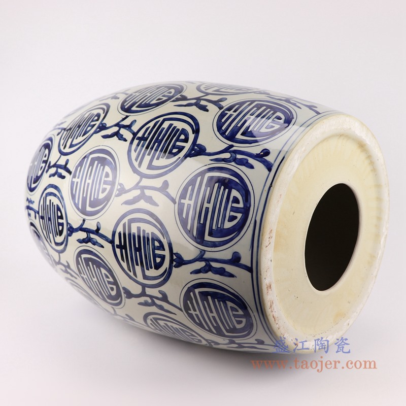 青花寿字纹凳子凉墩;产品编号：RZKY31       产品尺寸(单位cm):  高：46.5直径：36.5口径：底径：28.2重量：10KG
