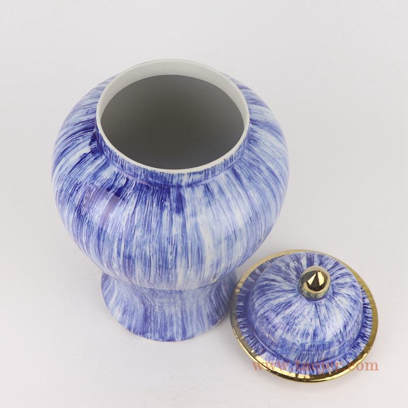 颜色釉窑变蓝色镀金将军罐;产品编号：RZMS23       产品尺寸(单位cm):  高：37.5直径：21口径：底径：14.7重量：3KG