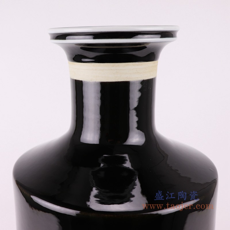 颜色釉黑色口白线棒子瓶花瓶;产品编号：RZMS24 产品尺寸(单位cm): 高：46.4直径：21.5口径：底径：16.3重量：5.3KG