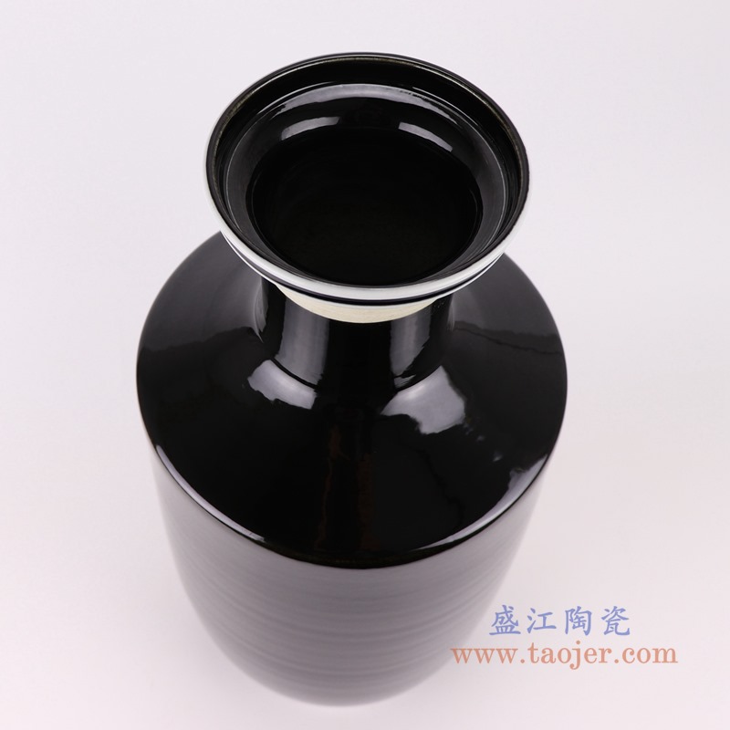 颜色釉黑色口白线棒子瓶花瓶;产品编号：RZMS24 产品尺寸(单位cm): 高：46.4直径：21.5口径：底径：16.3重量：5.3KG