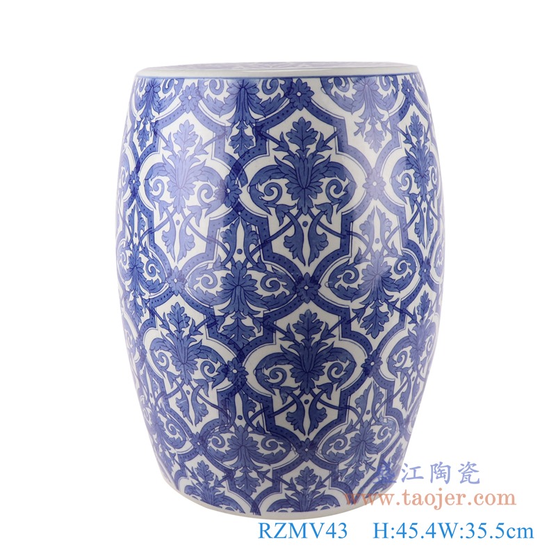 青花刺绣花卉纹凳子凉墩;产品编号：RZMV43       产品尺寸(单位cm):  高：45.4直径：35.5口径：底径：28重量：10.5KG