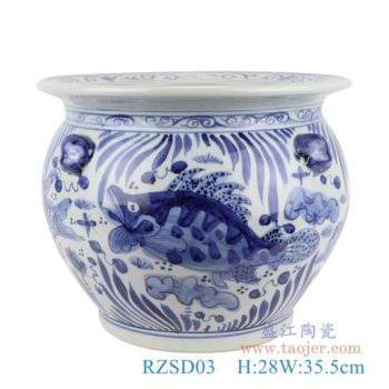RZSD03  青花鱼藻纹狮子头小水缸罐子花盆     高：28直径：35.5口径：底径：21.5重量：7.4KG