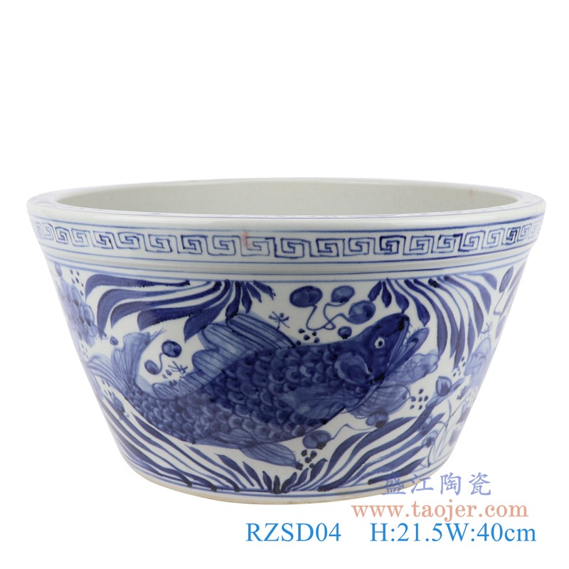 青花鱼藻纹水洗花盆大碗;产品编号：RZSD04       产品尺寸(单位cm):  高：21.5直径：40口径：底径：26.5重量：7.7KG