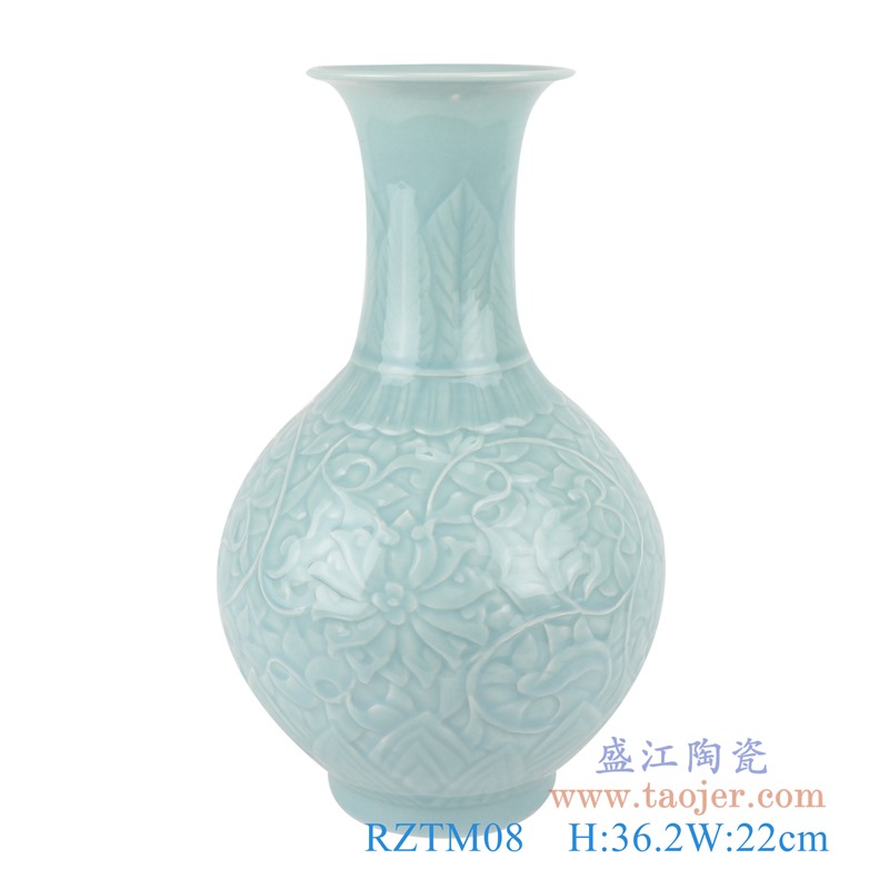 颜色釉影青雕刻缠枝莲赏瓶;产品编号：RZTM08       产品尺寸(单位cm):  高：36.2直径：22口径：底径：12重量：3.5KG