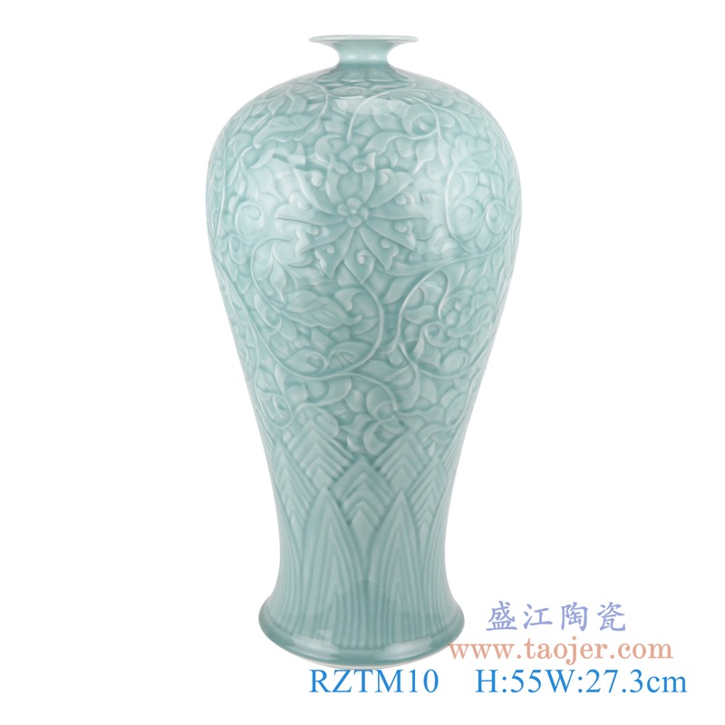 颜色釉影青雕刻缠枝莲梅瓶;产品编号:RZTM10 产品尺寸(单位cm): 高:55直径:27.3口径:底径:18.5重量:6.7KG