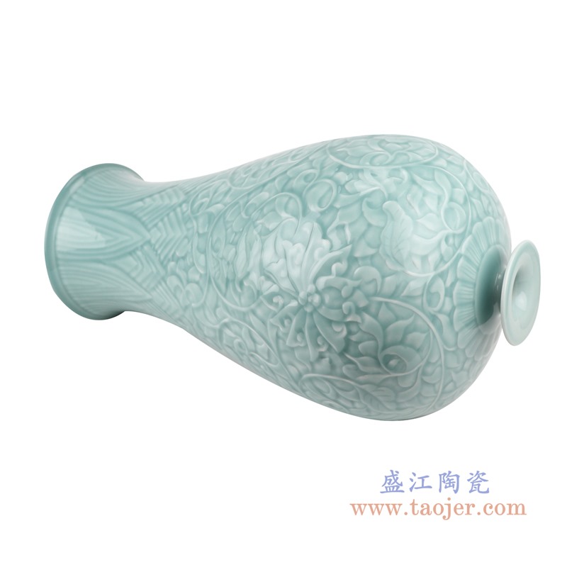 颜色釉影青雕刻缠枝莲梅瓶;产品编号：RZTM10 产品尺寸(单位cm): 高：55直径：27.3口径：底径：18.5重量：6.7KG