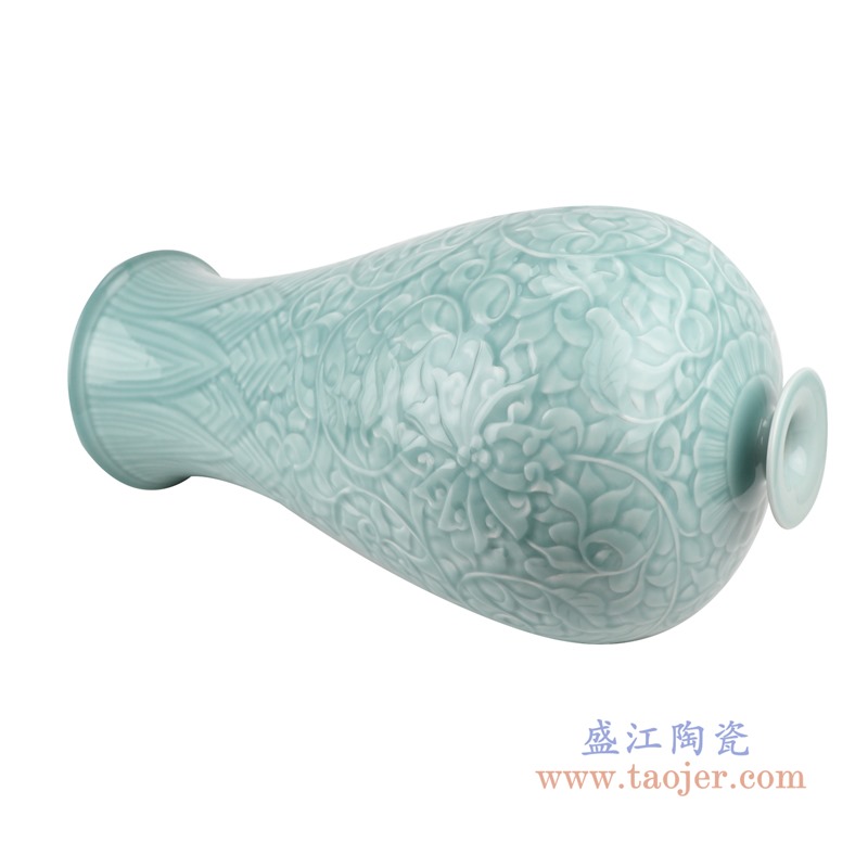 颜色釉影青雕刻缠枝莲梅瓶;产品编号:RZTM10 产品尺寸(单位cm): 高:55直径:27.3口径:底径:18.5重量:6.7KG