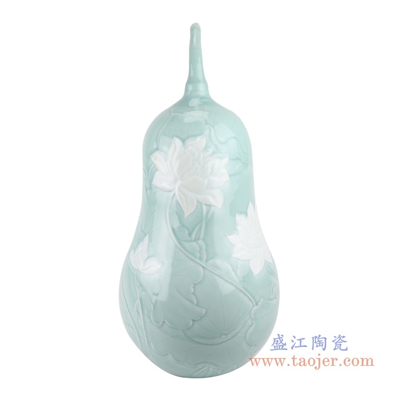 影青雕刻白莲花荷花葫芦瓶;产品编号：RZTM13       产品尺寸(单位cm):  高：60直径：29口径：底径：重量：8KG