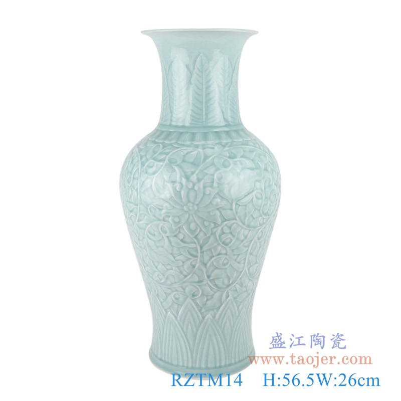 颜色釉影青雕刻缠枝莲鱼尾瓶;产品编号：RZTM14       产品尺寸(单位cm):  高：56.5直径：26口径：底径：18重量：7.3KG