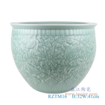 RZTM16     颜色釉影青雕刻缠枝莲大缸水缸     高：32直径：41口径：底径：22.5重量：11.5KG