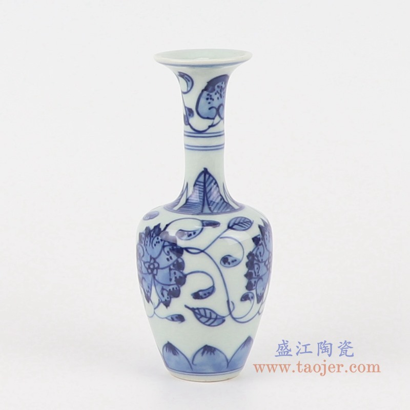 青花手绘缠枝莲小花瓶;产品编号：RZTP06       产品尺寸(单位cm):  高：12直径：5口径：底径：2.5重量：0.1KG