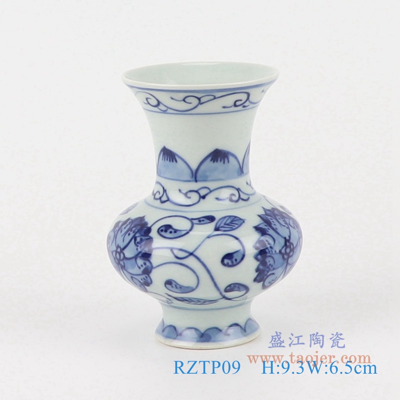 青花手绘缠枝莲花觚小花瓶;产品编号：RZTP09       产品尺寸(单位cm):  高：9.3直径：6.5口径：底径：3.2重量：0.1KG