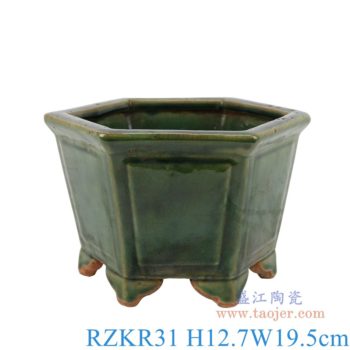 RZKR31   窑变颜色釉绿色六方花盆香炉鼎      高：12.7直径：口径：底径：15重量：1.4KG