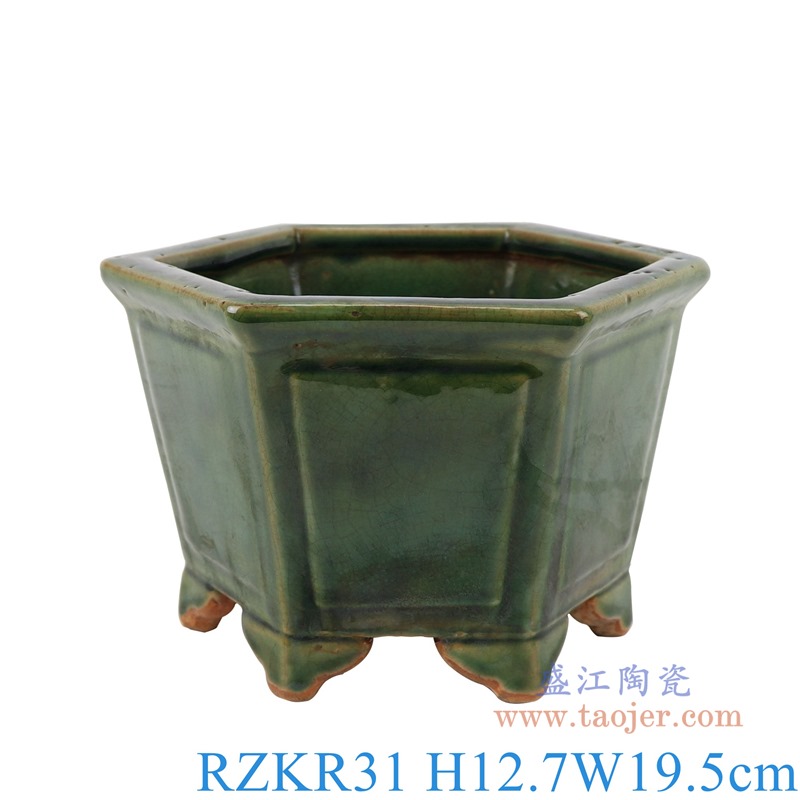 窑变颜色釉绿色六方花盆香炉鼎;产品编号：RZKR31       产品尺寸(单位cm):  高：12.7直径：口径：底径：15重量：1.4KG