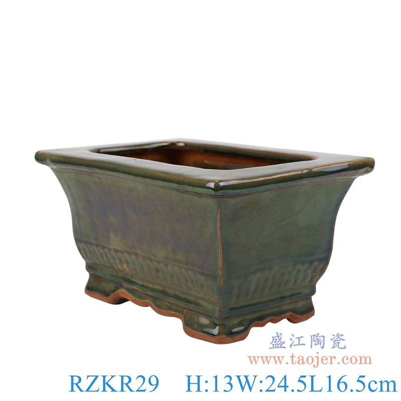 窑变颜色釉绿色长方形花盆香炉鼎;产品编号：RZKR29       产品尺寸(单位cm):  高：13直径：24.5口径：底径：18重量：2KG