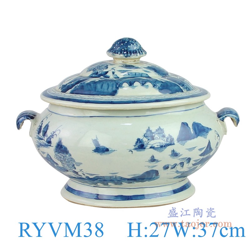 青花山水双耳盖罐汤煲;产品编号：RYVM38       产品尺寸(单位cm):  高：27直径：37口径：底径：23重量：5.24KG