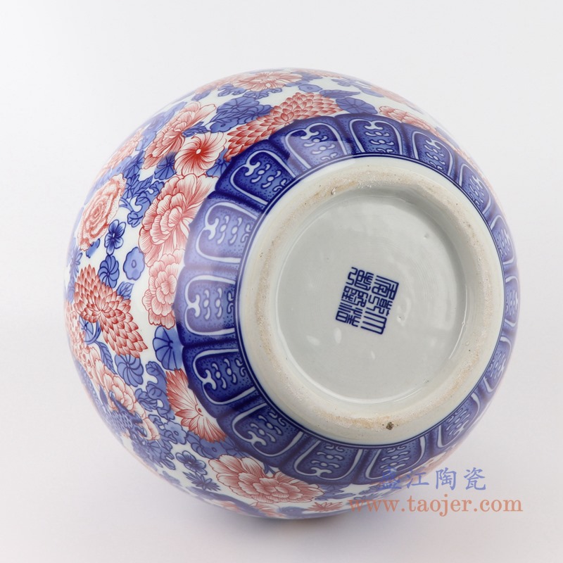青花釉里红龙凤牡丹纹天球瓶;产品编号:RYUJ32 产品尺寸(单位cm): 高:39.7直径:26.5口径:底径:13重量:4KG