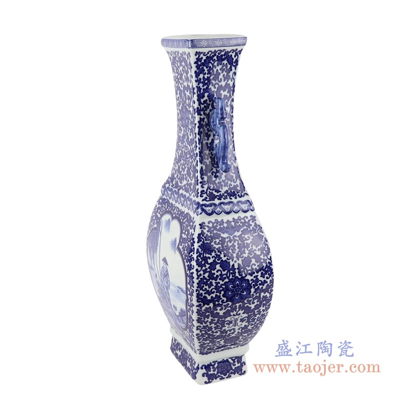 青花双耳四方人物扁瓶;产品编号：RYUJ33       产品尺寸(单位cm):  高：45.3直径：20.4口径：底径：10.7重量：3.5KG