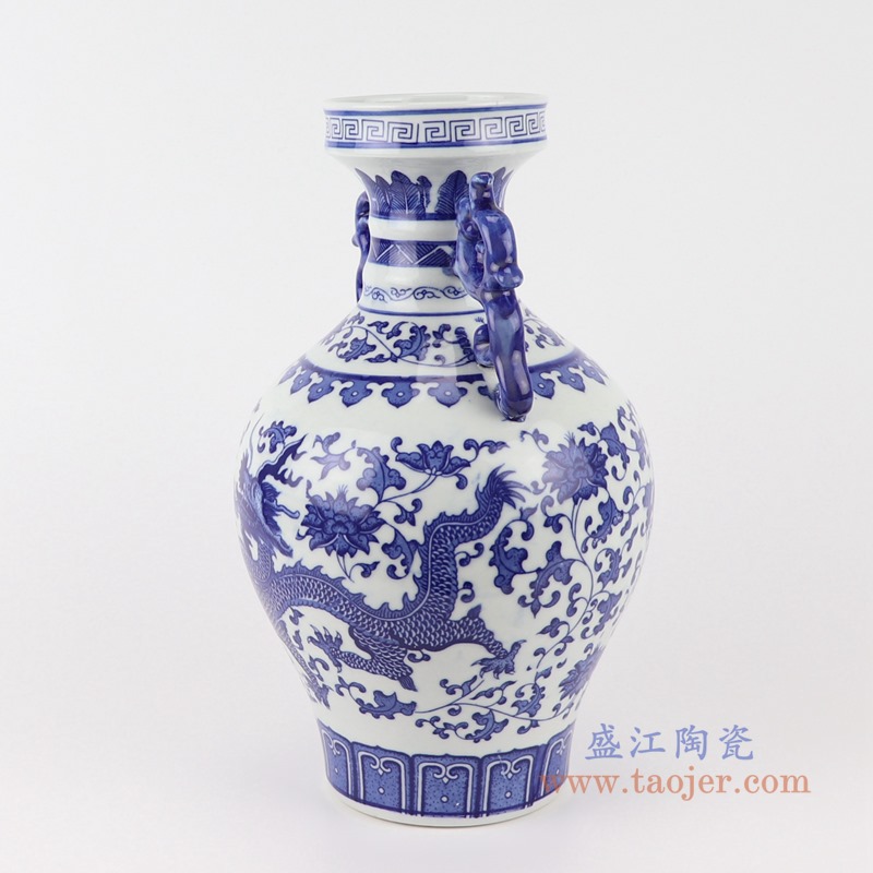 青花双耳龙纹花瓶;产品编号:RYUJ34 产品尺寸(单位cm): 高:31.8直径:19口径:底径:10.8重量:2.4KG
