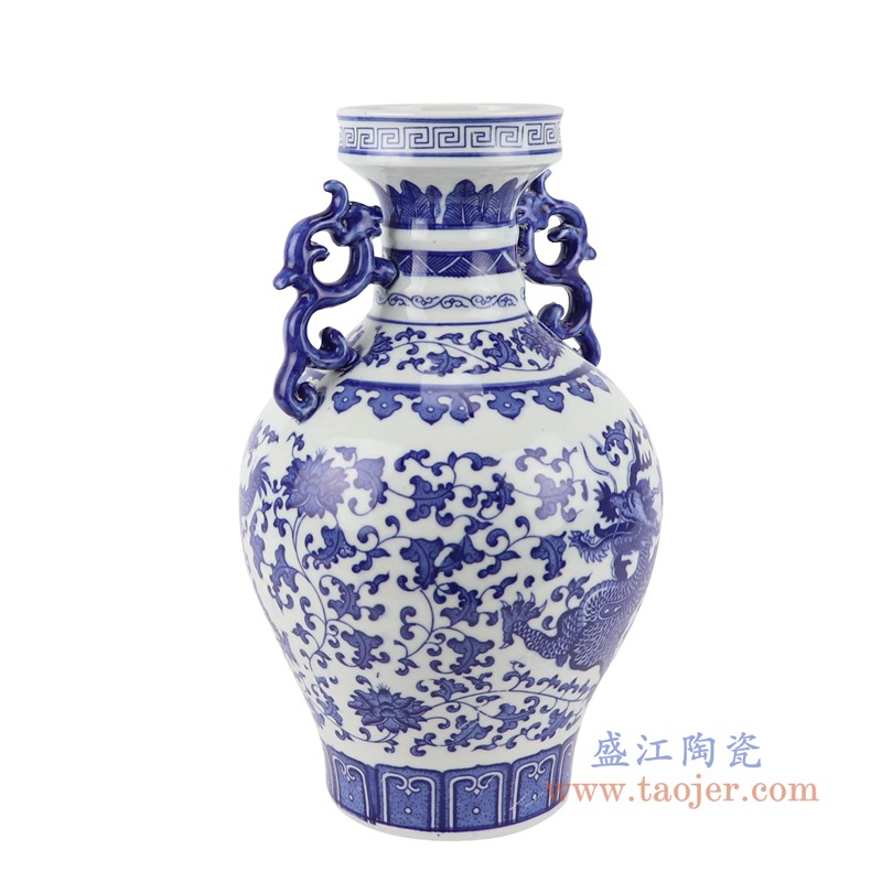 青花双耳龙纹花瓶;产品编号:RYUJ34 产品尺寸(单位cm): 高:31.8直径:19口径:底径:10.8重量:2.4KG